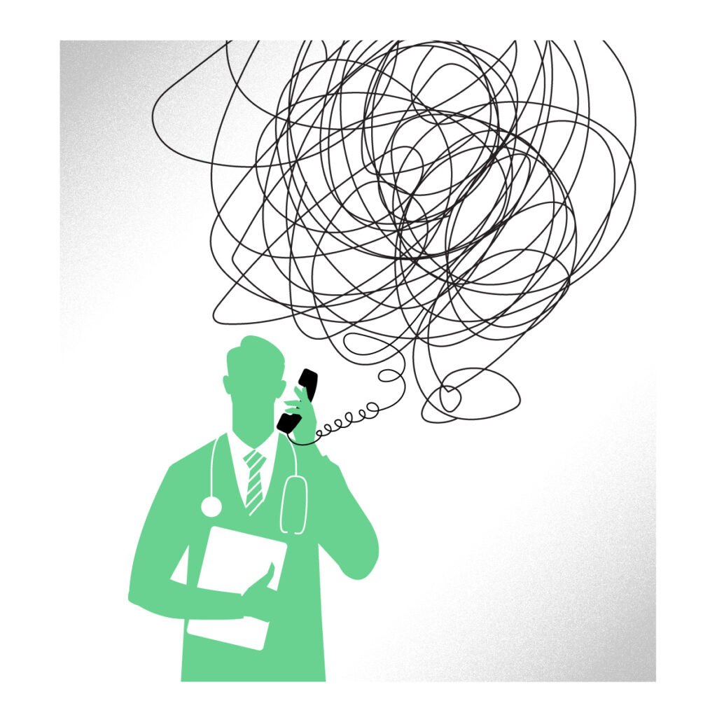 Graphic of doctor on phone, tangled thought bubble above head